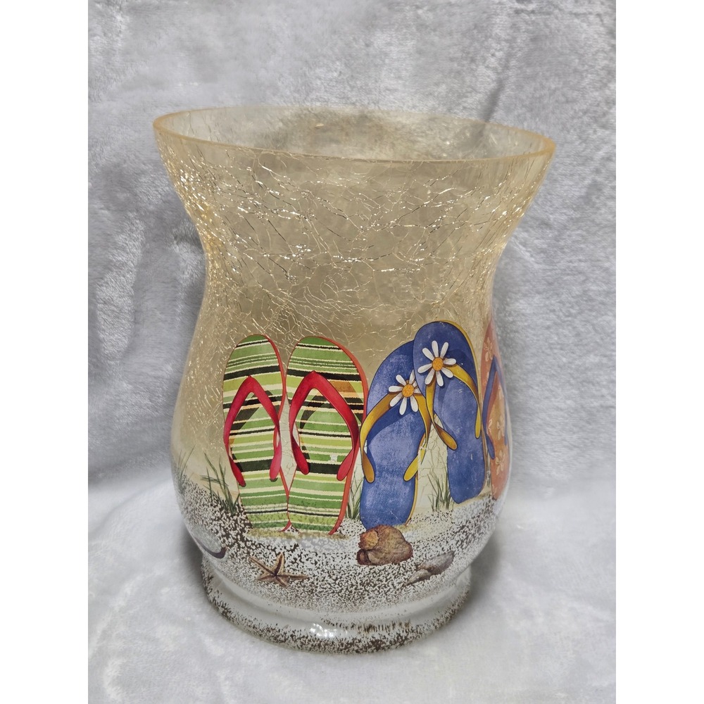 Boscovs Crackled Glass Beach Flip Flops Hurricane Candle Holder Vase V3840BV